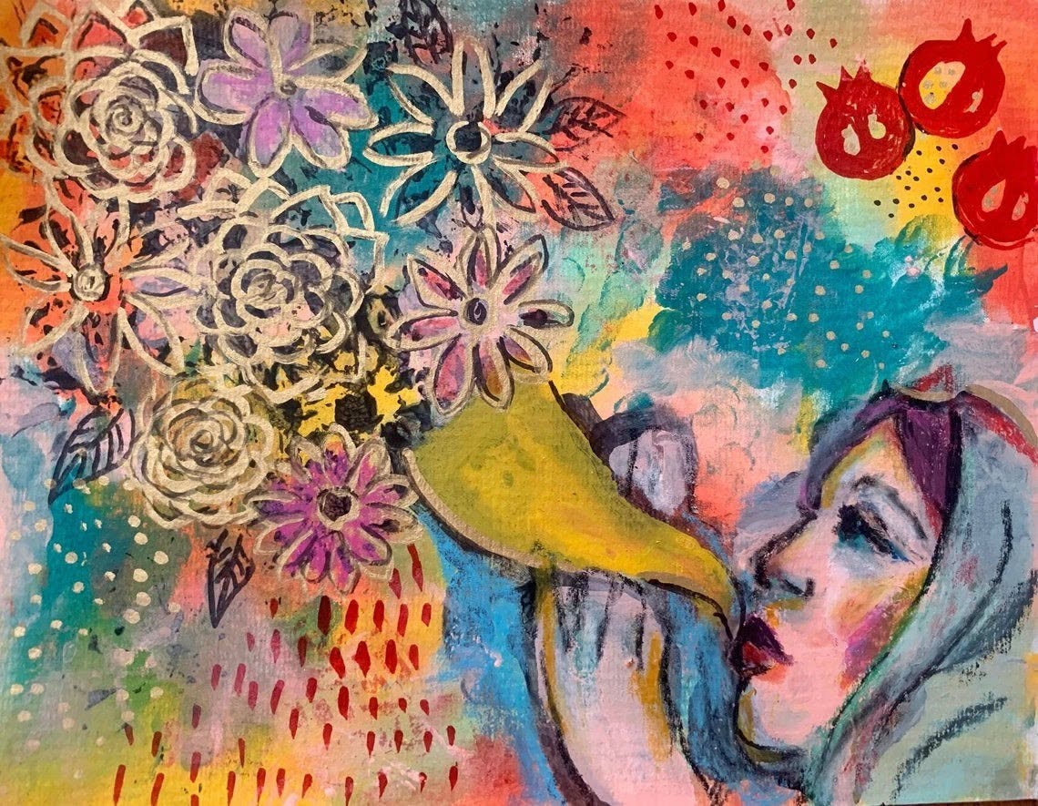Colorful mixed-media painting of a woman blowing a shofar, surrounded by flowers and pomegranates.